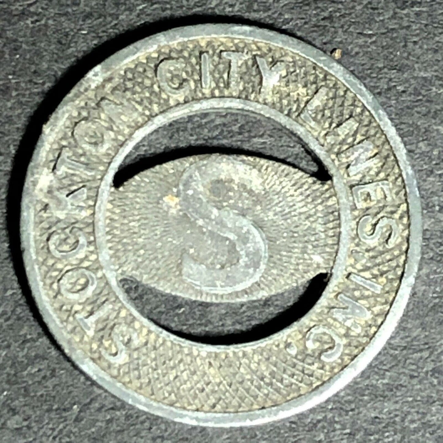 16.44mm c1940's "Stockton City Lines - Good For One Fare" Brass Token Worn