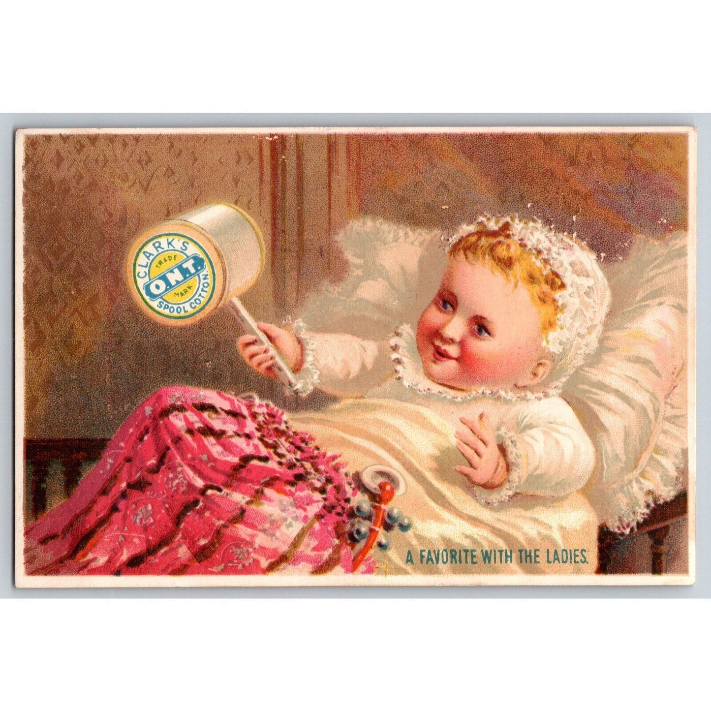 Baby Plays With Thread Spool Victorian Trade Card "A Favorite With the Ladies"