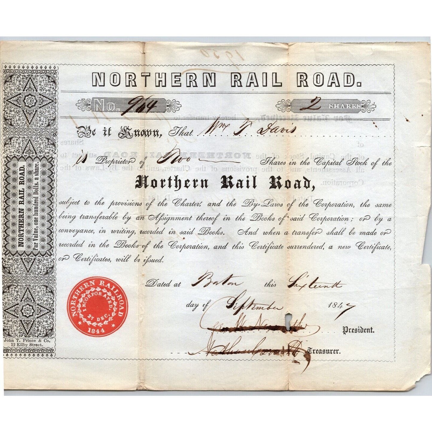 1847 Boston, MA Northern Railroad Stock Certificate No. 964 for 2 Shares
