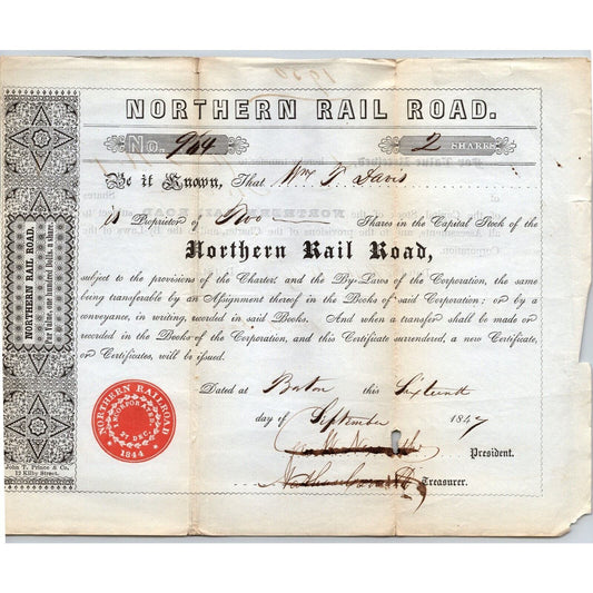 1847 Boston, MA Northern Railroad Stock Certificate No. 964 for 2 Shares
