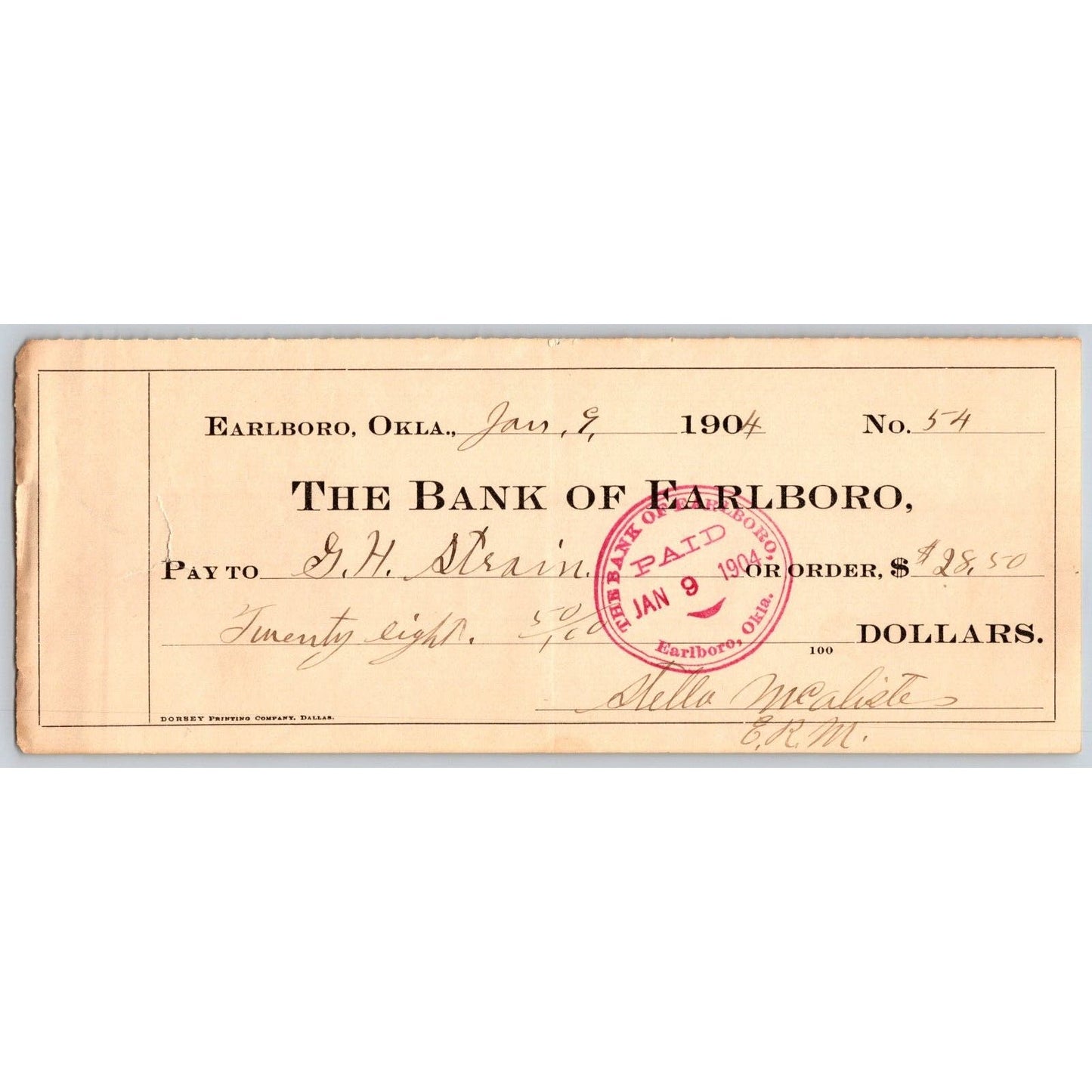 Earlboro, OK 1904 Territorial "The Bank of Earlboro" Check - Scarce