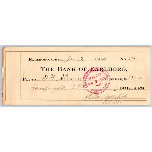 Earlboro, OK 1904 Territorial "The Bank of Earlboro" Check - Scarce