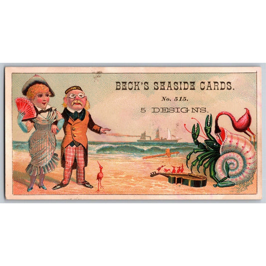 Beck's Seaside Cards Sample Victorian Trade Card w/ Blue Crab Birds Beach Scene