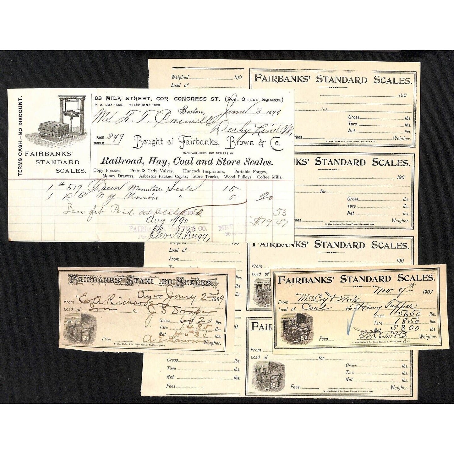 Fairbanks Standard Scales - Group of Billhead, 2 Receipts & 1 Uncut Sheet c1900