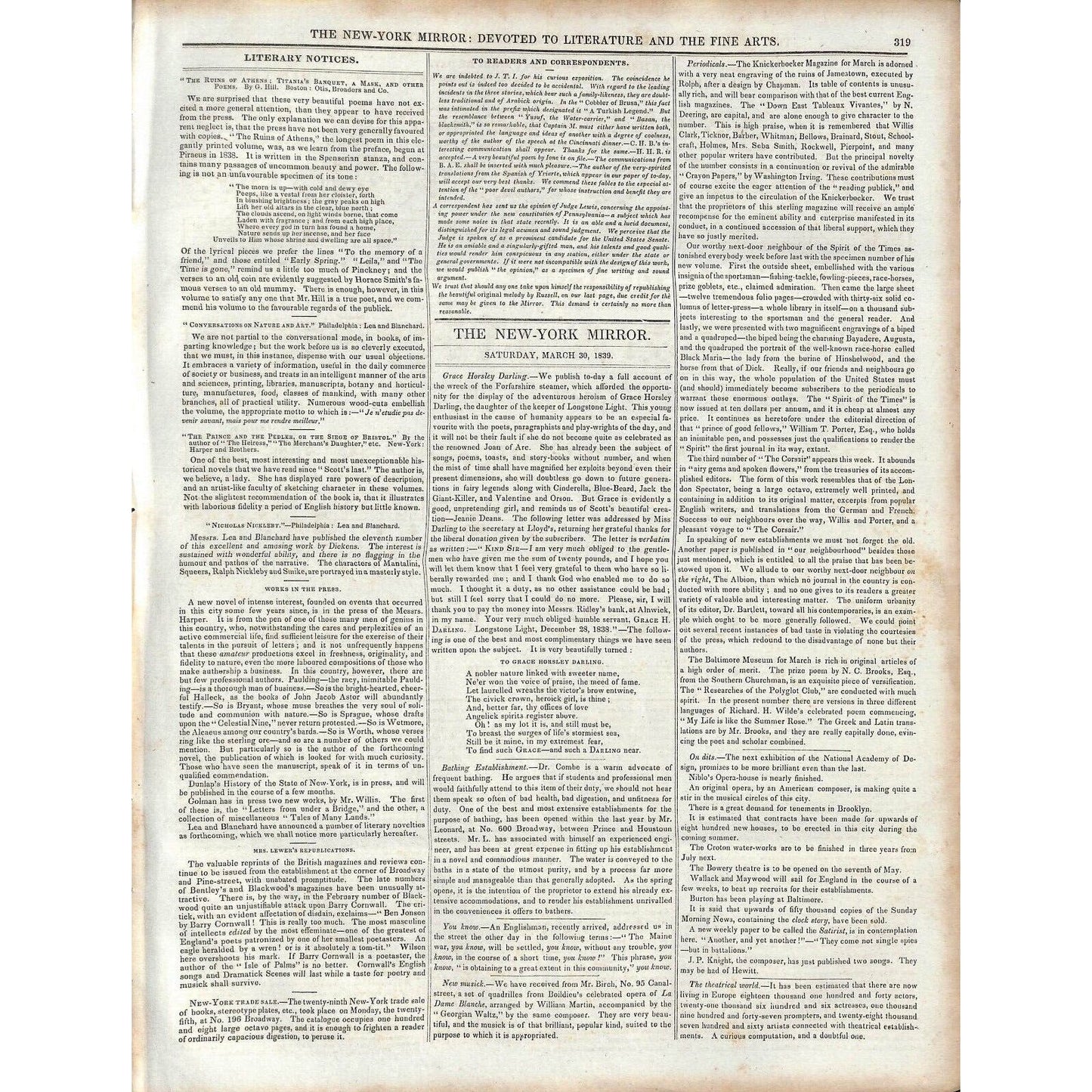 New-York Mirror Weekly Literature Fine Arts Newspaper 3/30/1839 Forfarshire Sunk