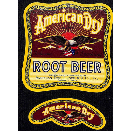 American Dry Root Beer Paper Labels (2) Boston, MASS. NOS Scarce VGC Eagle Flag