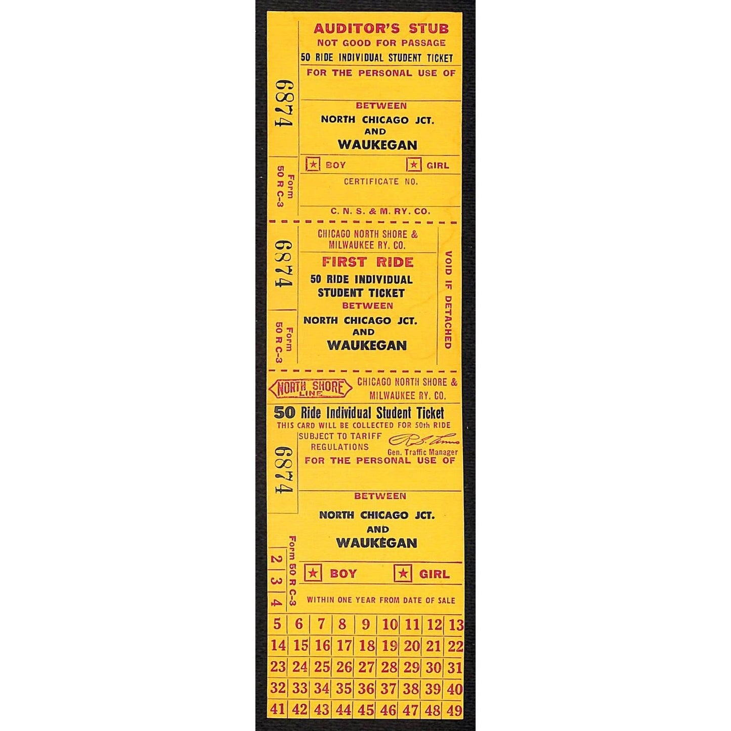 Chicago North Shore & Milwaukee RY c1940's-60's 50 Ride Student Ticket #6874