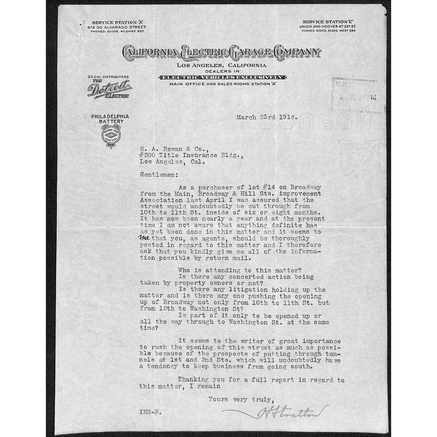 California Electric Garage Company Los Angeles 1914 Letterhead R.A. Rowan