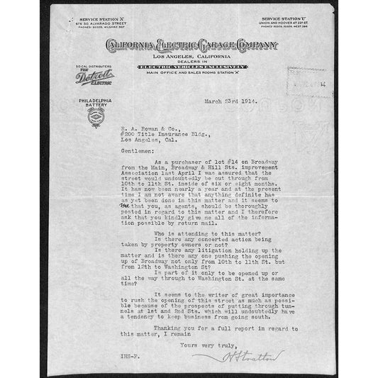 California Electric Garage Company Los Angeles 1914 Letterhead R.A. Rowan