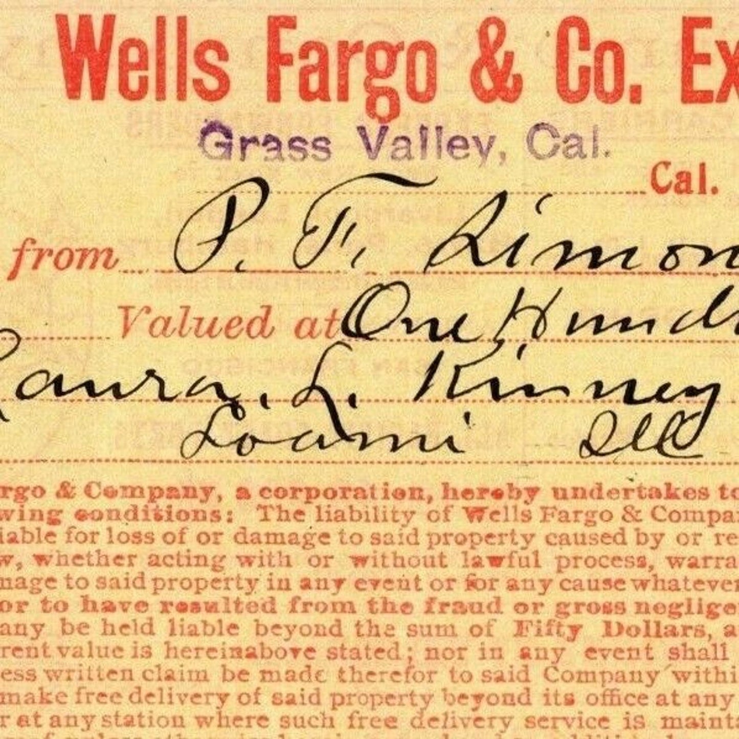 11/ 10 1908 Wells Fargo & Co Express - Grass Valley CA - $104.18 Money Receipt