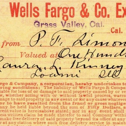 11/ 10 1908 Wells Fargo & Co Express - Grass Valley CA - $104.18 Money Receipt