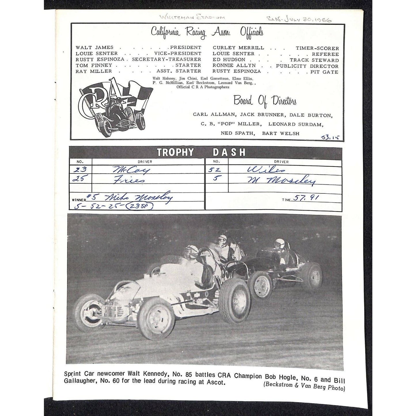 Scarce 7/30 1966 Sprint Car Auto Racing CRA Program Whiteman Speedway 16pp.