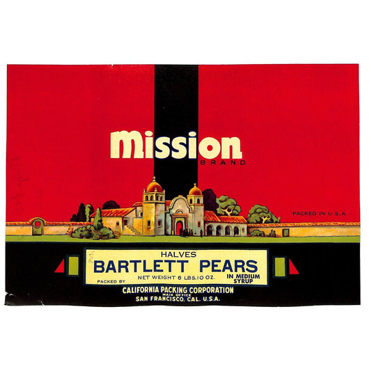 1941 Paper Fruit Can Label Mission Brand Bartlett Pear Halves VGC Scarce