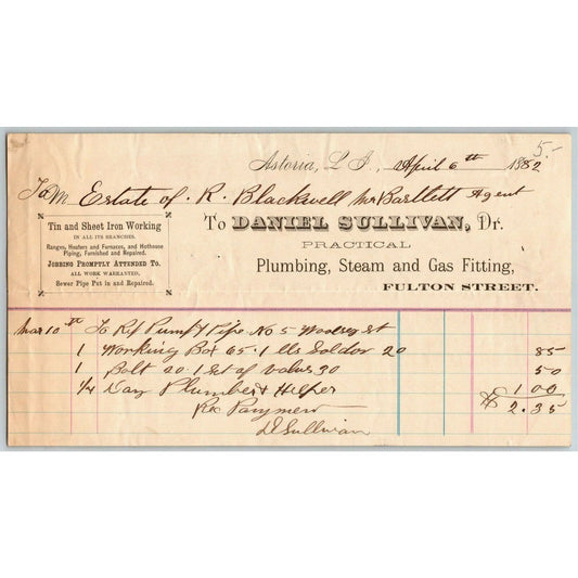 Astoria, L.I. NY Billhead Letterhead 1882 Daniel Sullivan Plumbing Steam Fitting