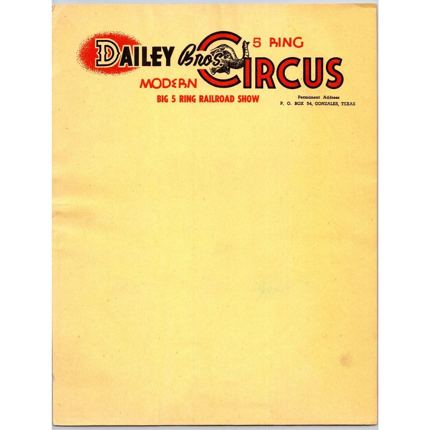 Daily Bros. Modern 5 Ring Railroad Show Circus Letterhead c1944-47 Scarce