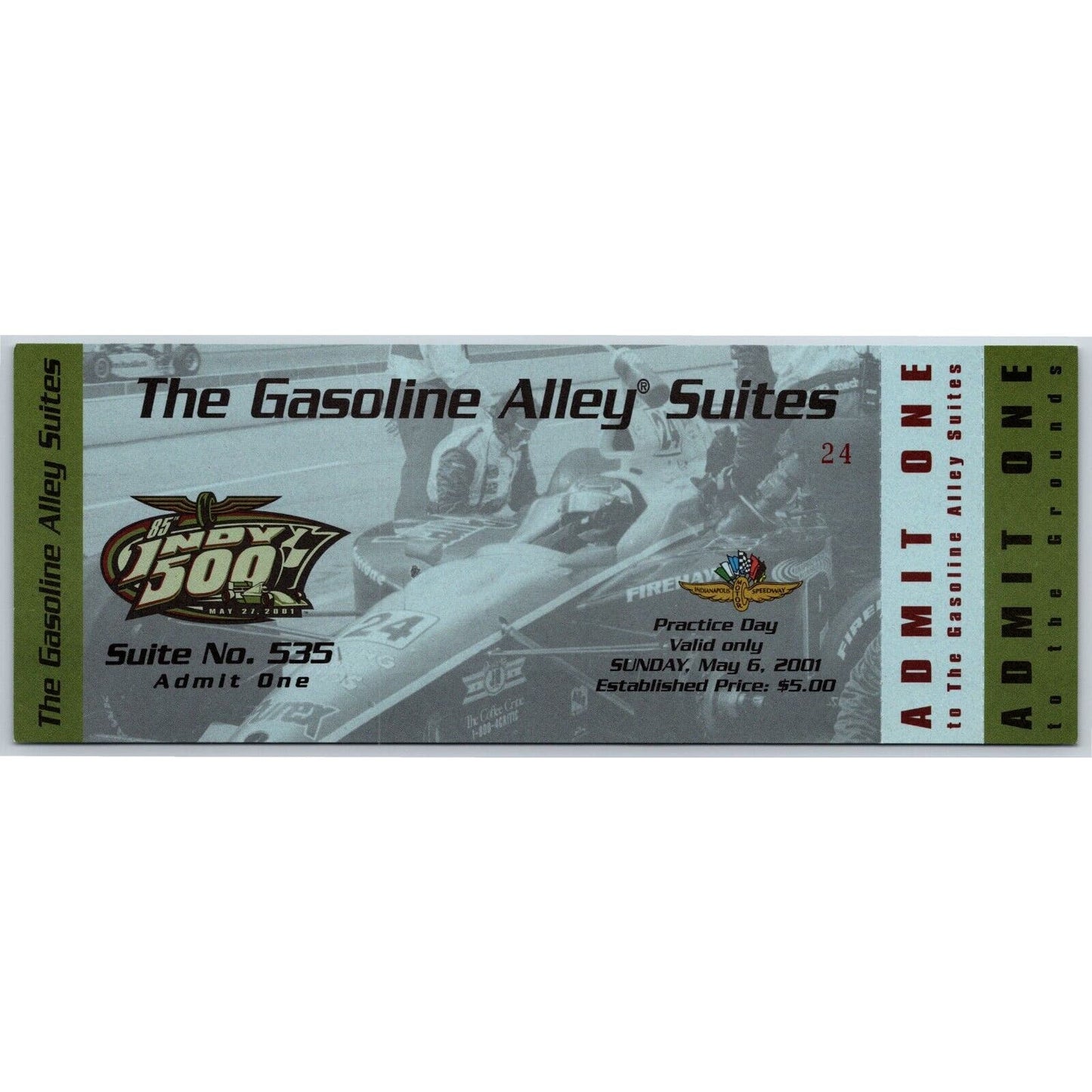 2001 Indy 500 Practice Day Gasoline Alley Unused Ticket Indianapolis #24