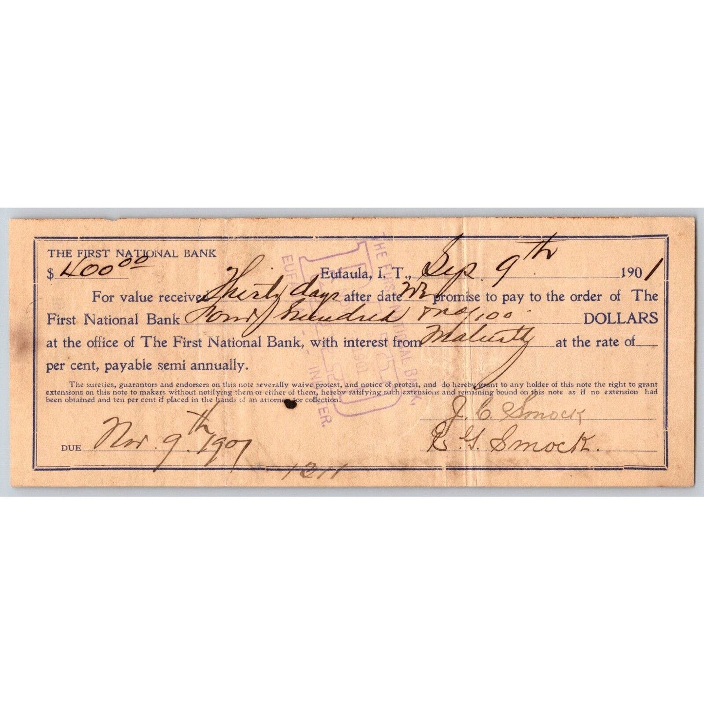 Eufaula Indian Territory Oklahoma 1901 $400 FNB Promissory Note
