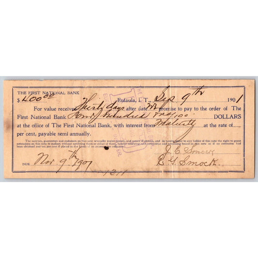 Eufaula Indian Territory Oklahoma 1901 $400 FNB Promissory Note