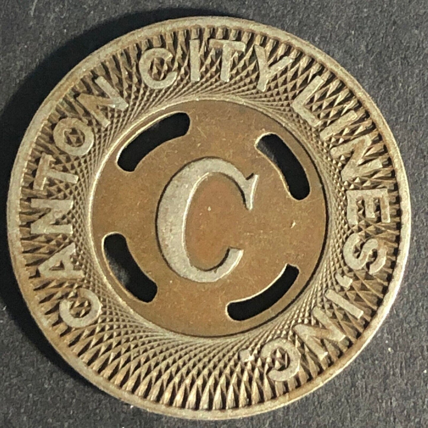 Canton City Lines Inc. "C" G/F One Fare Brass Transit Token 22.79mm