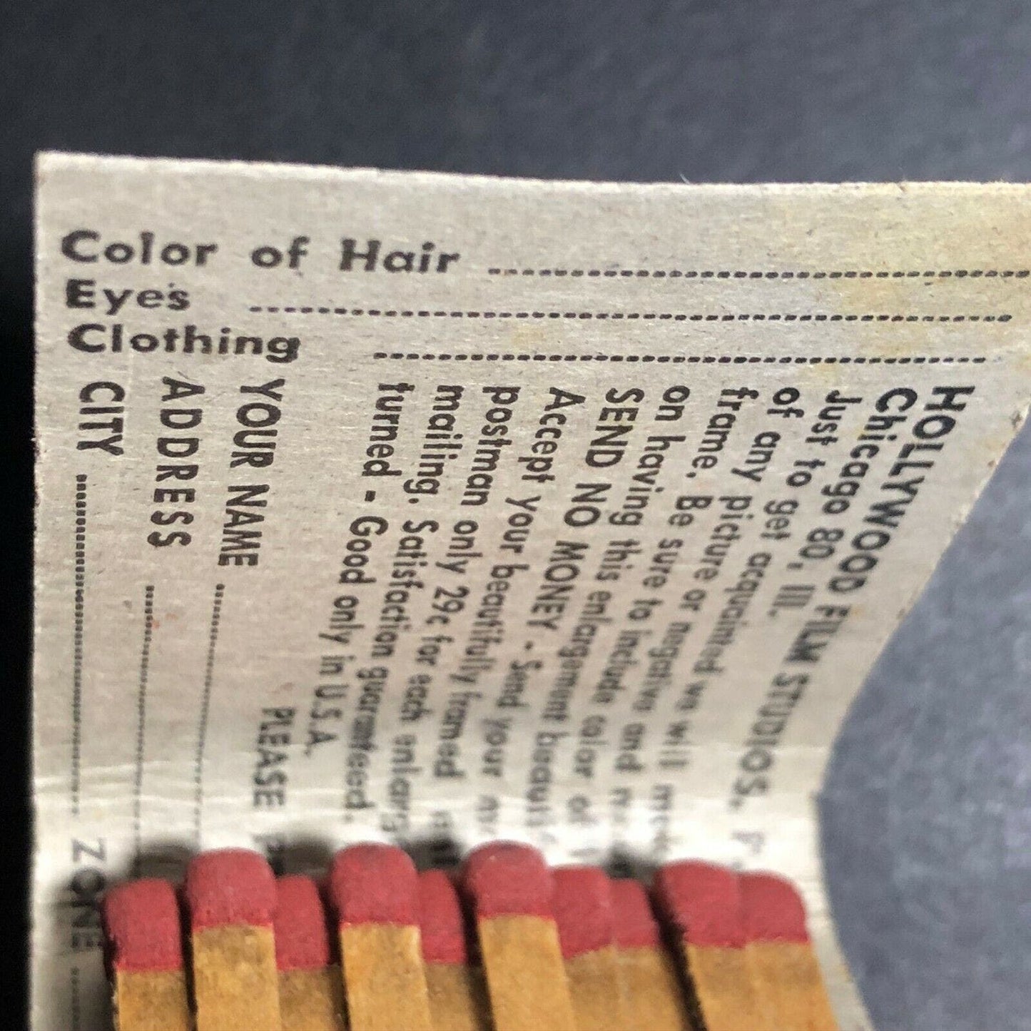1950's-60's Full Matchbook "Hollywood" Photo Enlargements Mail In Offer