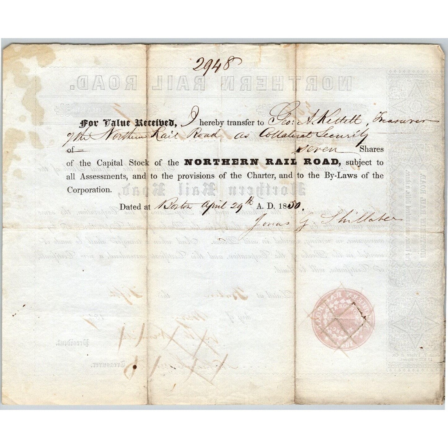 1847 Boston, MA Northern Railroad Stock Certificate No. 3679 for 7 Shares