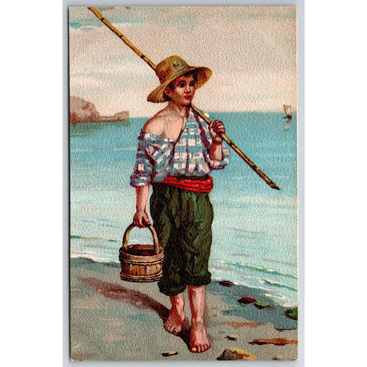French ? Postcard Man / Boy w/ Fishing Pole and Bucket Torn Shirt c1901-1907 NP