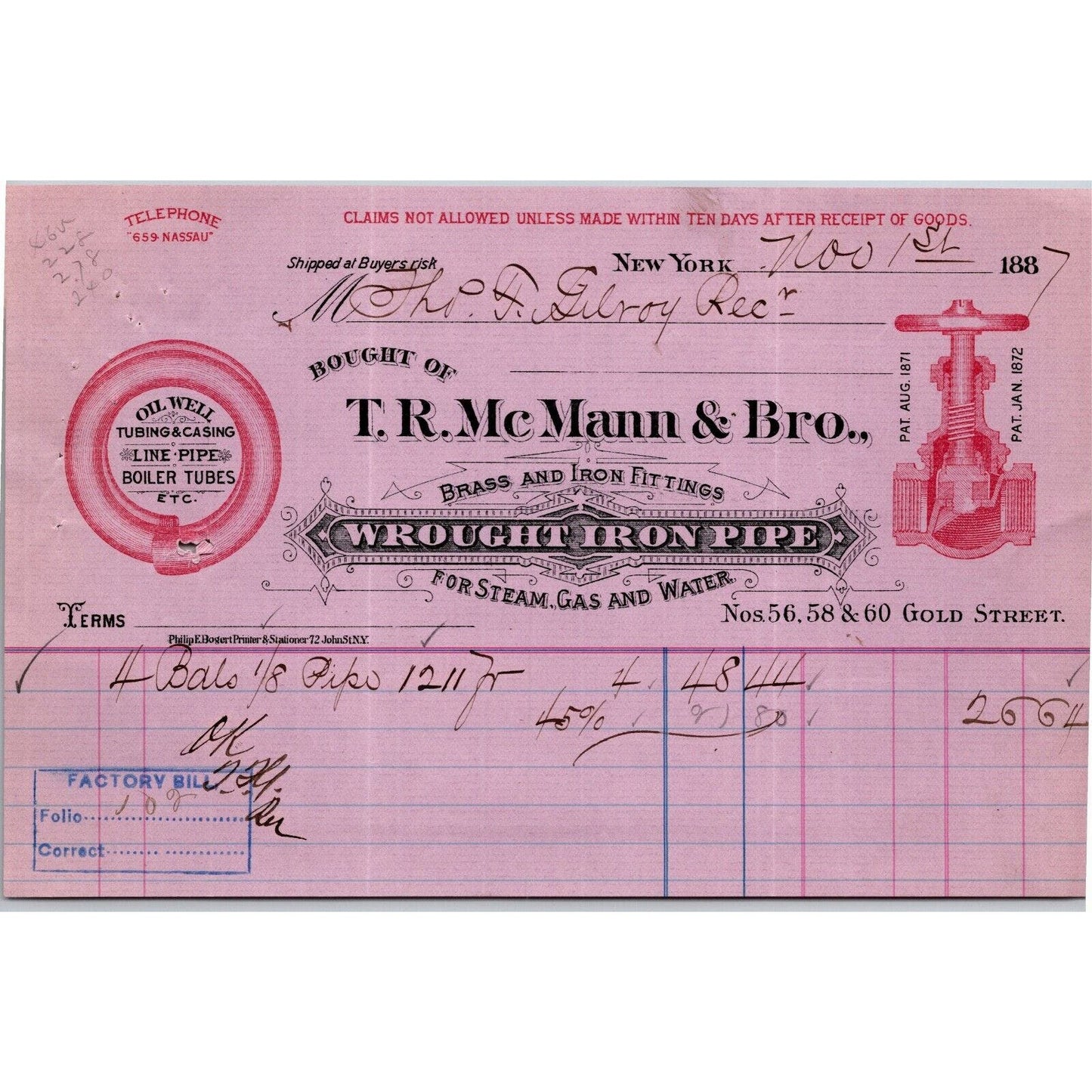 1887 "T. R. Mc Mann & Bros., Wrought Iron Pipe" Billhead Letterhead Gold St, NYC