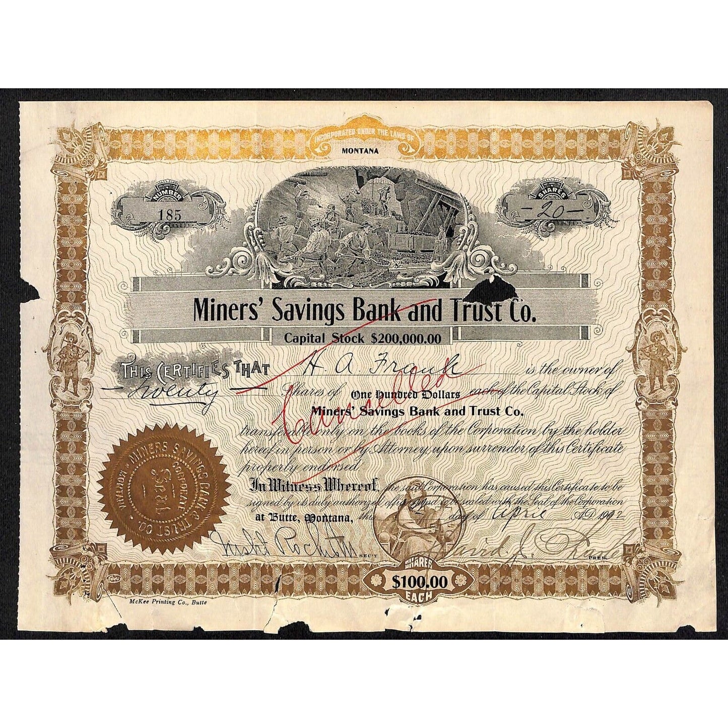 Butte, MT Miner's Savings Bank and Trust Co. 1902 Stock Certificate Cert # 185