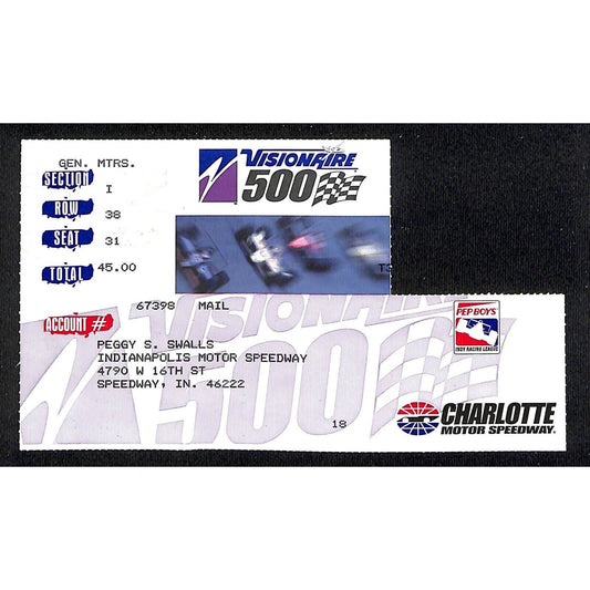 1998 Charlotte Motor Speedway Visionaire 500 Indy Ticket Stub - Peggy Swalls