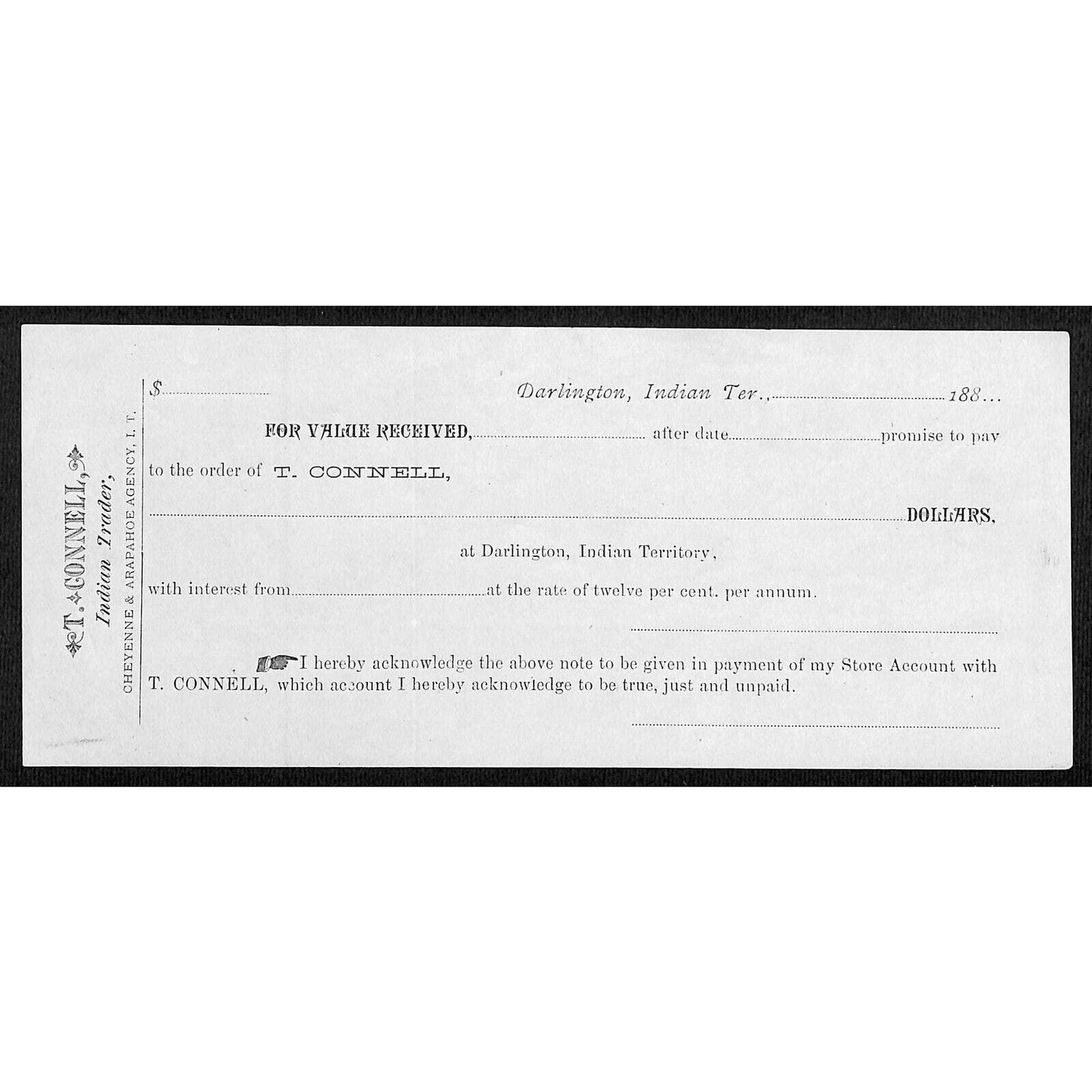 Darlington, Ok Indian Territory c1880 - 1889 T. Connell Trader Receipt - Scarce