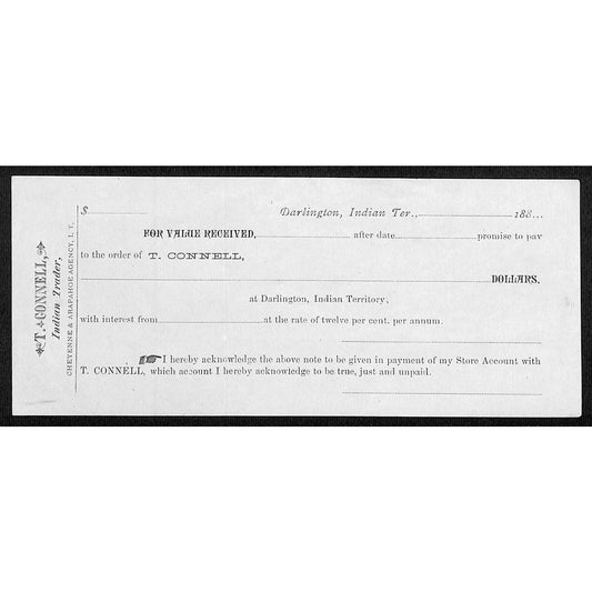 Darlington, Ok Indian Territory c1880 - 1889 T. Connell Trader Receipt - Scarce