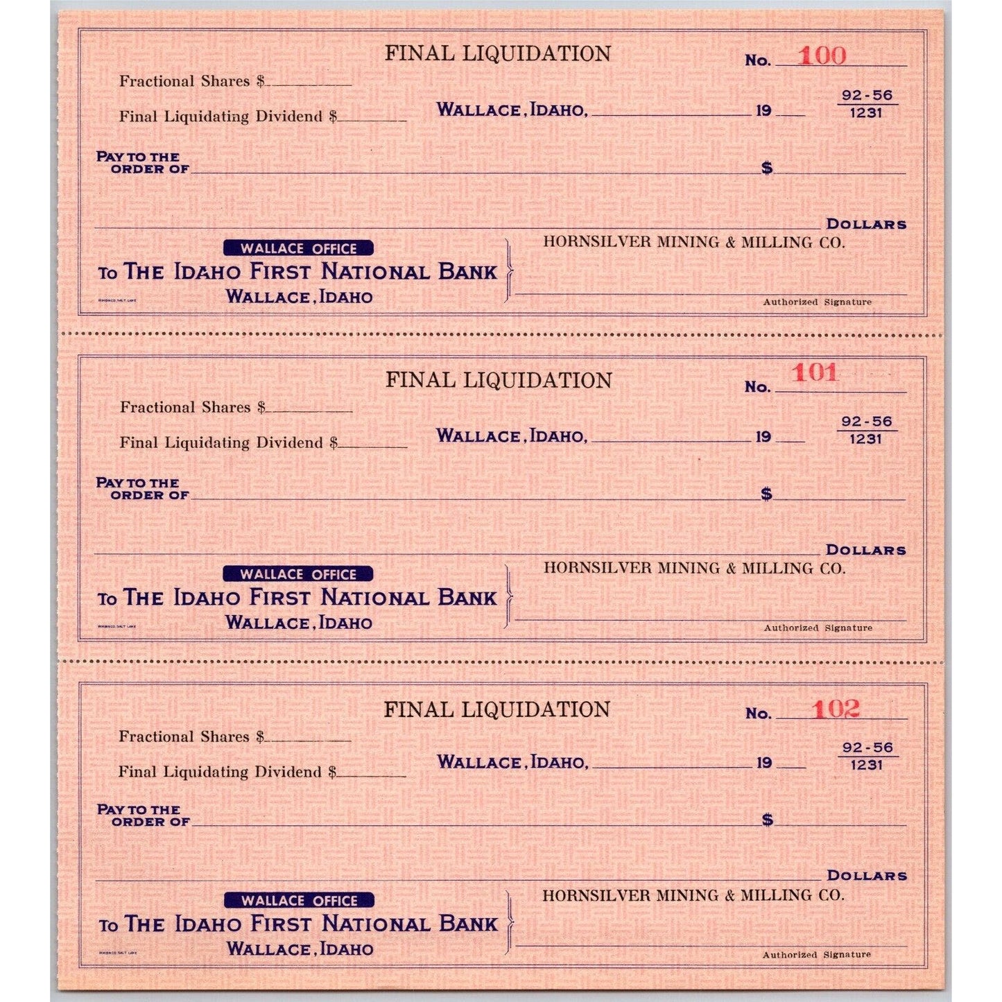 Wallace Idaho Hornsilver Mining & Milling Co.- Bank Check Sheet c1960 or Earlier