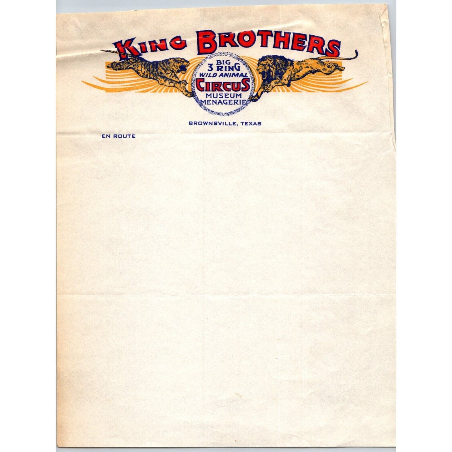 King Brothers Three Ring Wild Animal Circus Letterhead c1937 Brownsville Scarce
