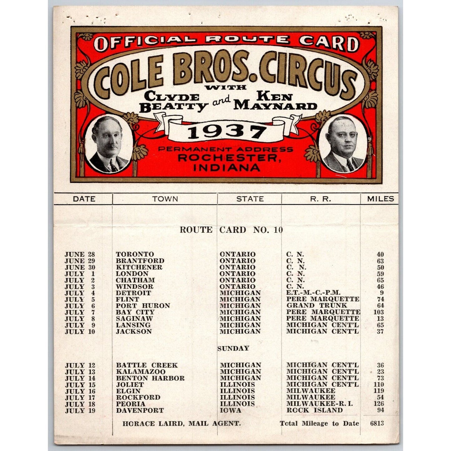1937 Cole Bros with Clyde Beatty Ken Maynard Circus Route Card Ontario MI IL