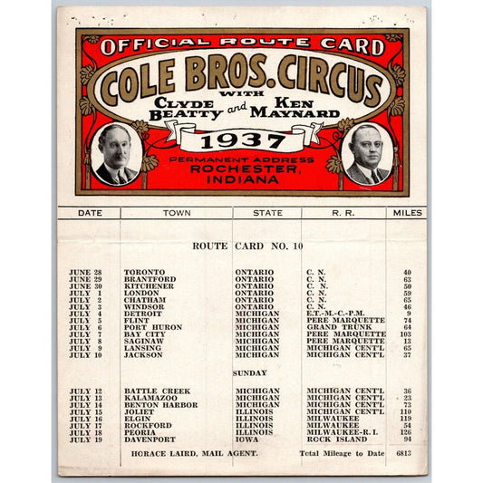 1937 Cole Bros with Clyde Beatty Ken Maynard Circus Route Card Ontario MI IL