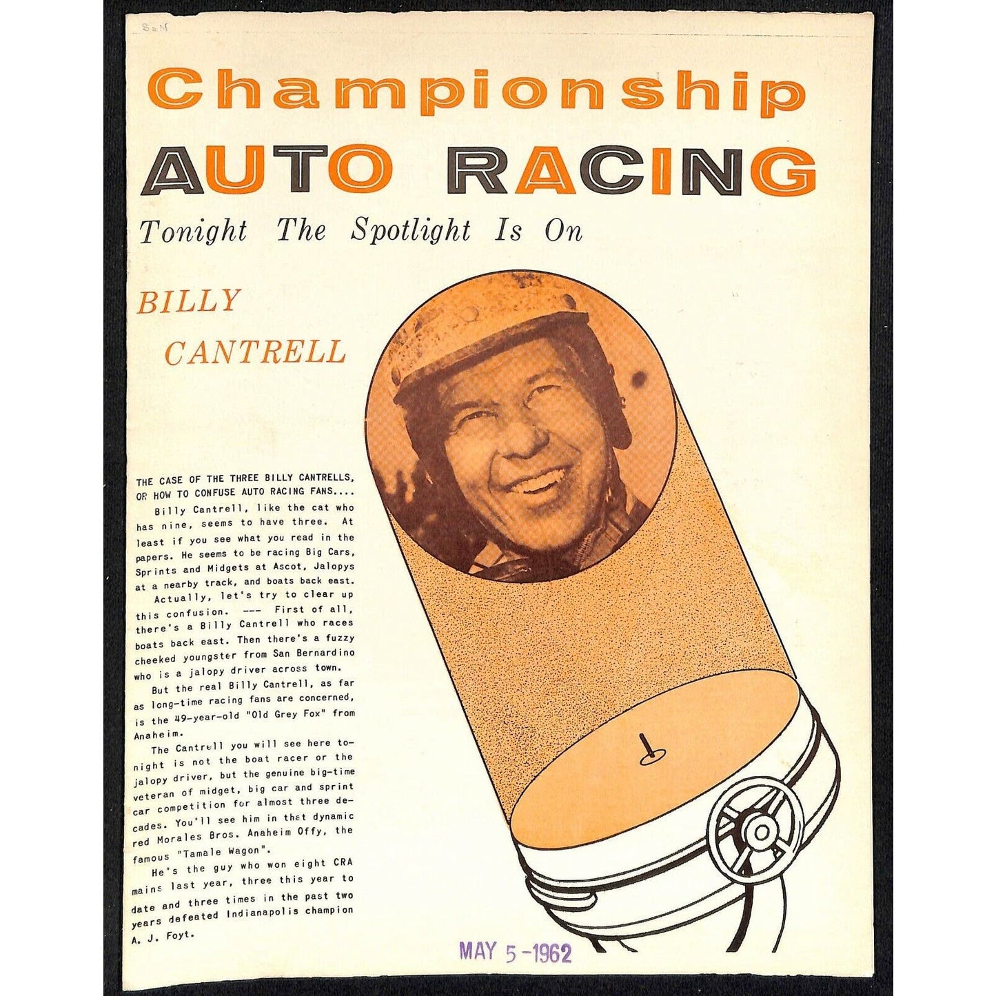 Scarce May 5 1962 CRA Champion Auto Racing Program Ascot Park Gardena Cantrell