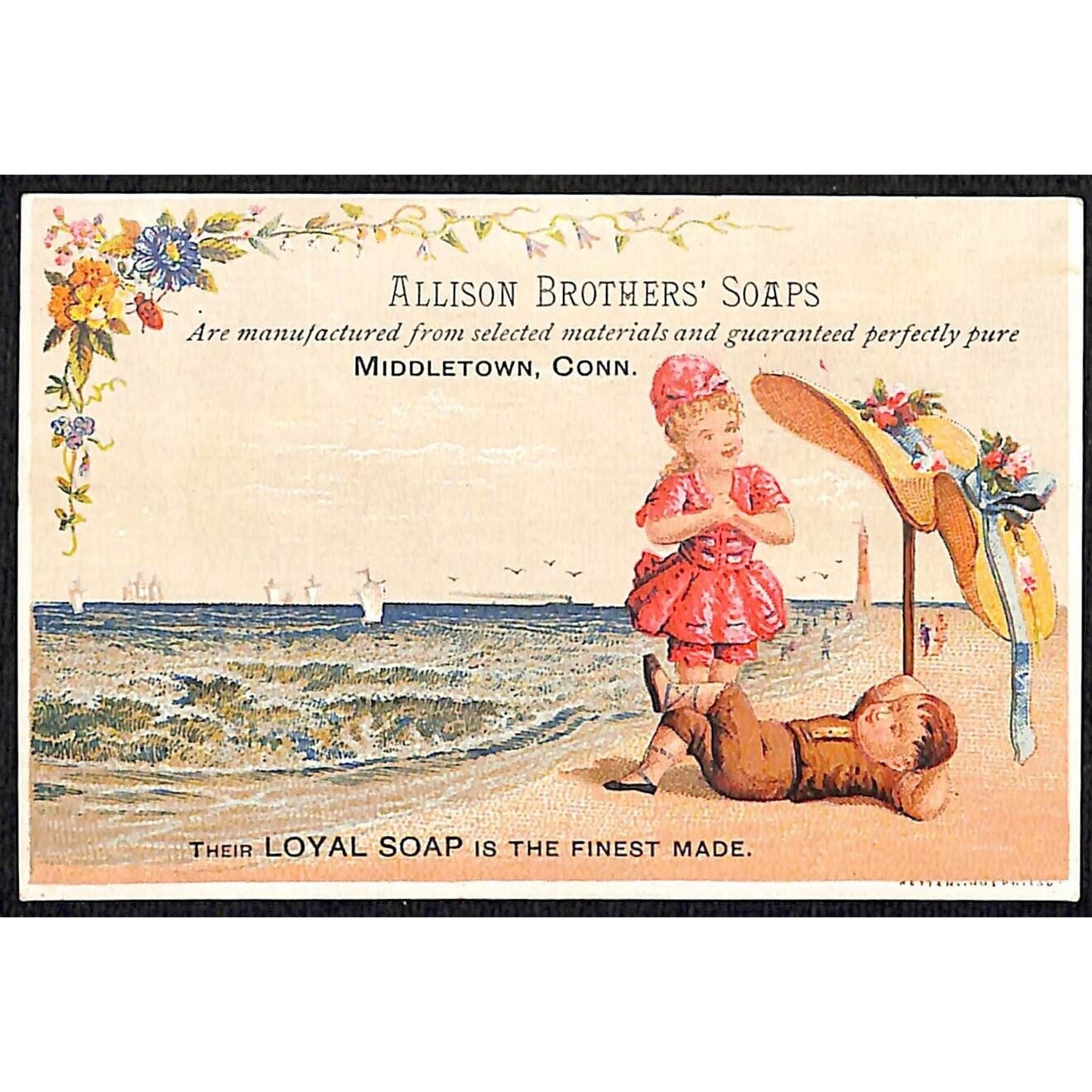 Middletown, CONN Victorian Trade Card Allison Brothers' Soaps Boy Girl at Beach