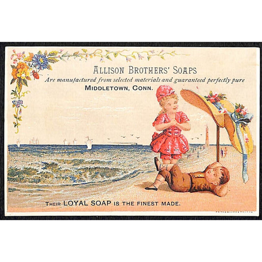 Middletown, CONN Victorian Trade Card Allison Brothers' Soaps Boy Girl at Beach