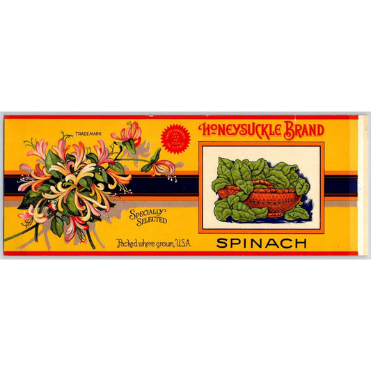 Honeysuckle Brand Spinach Paper Can Label c1920's-30's Scarce