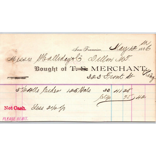 1886 "T.S. Merchant King" Front Street San Francisco Letterhead Billhead
