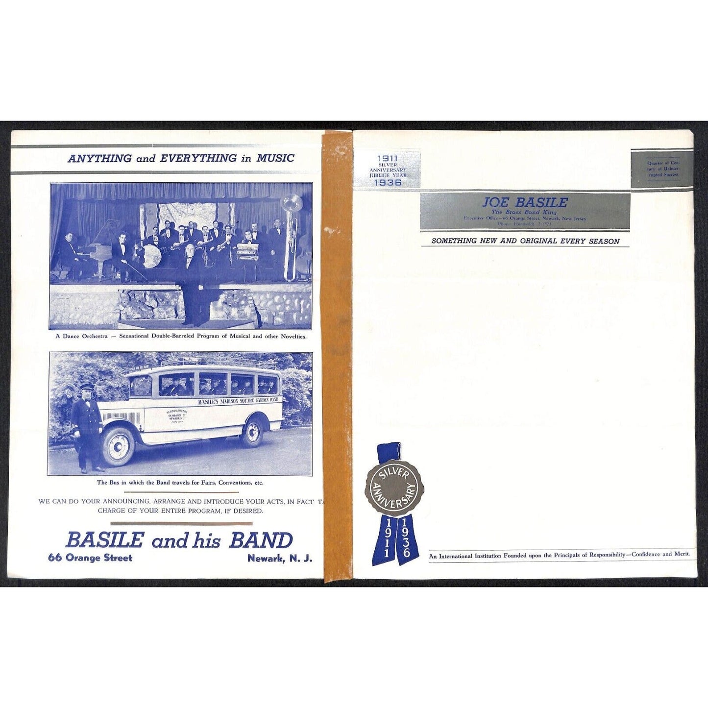 Joe Basile & His Madison Square Garden Band 1936 Brochure Scarce
