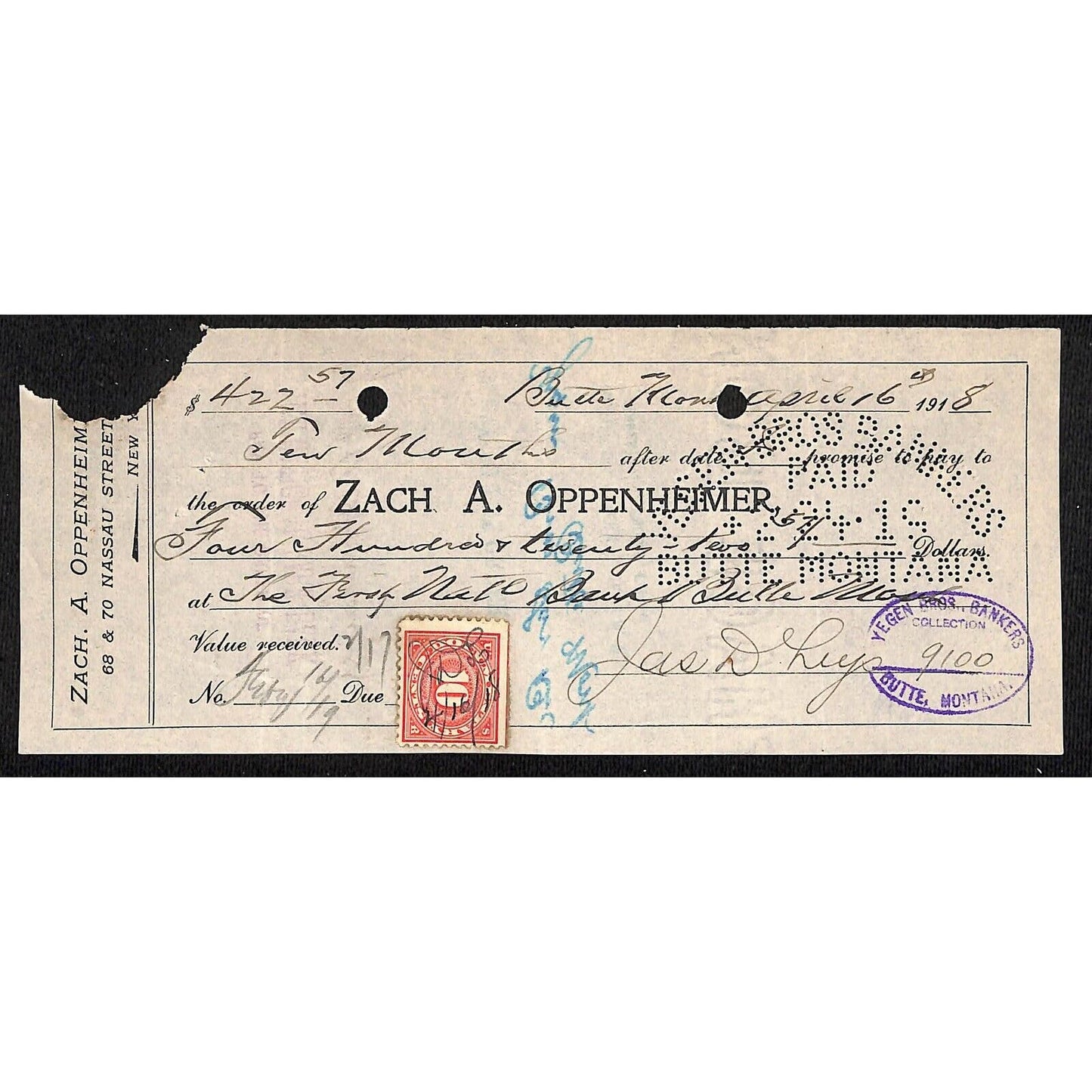 Zach A Oppenheimer / Leys Jewelry Butte, MT 1918 $422.57 Promissory Note