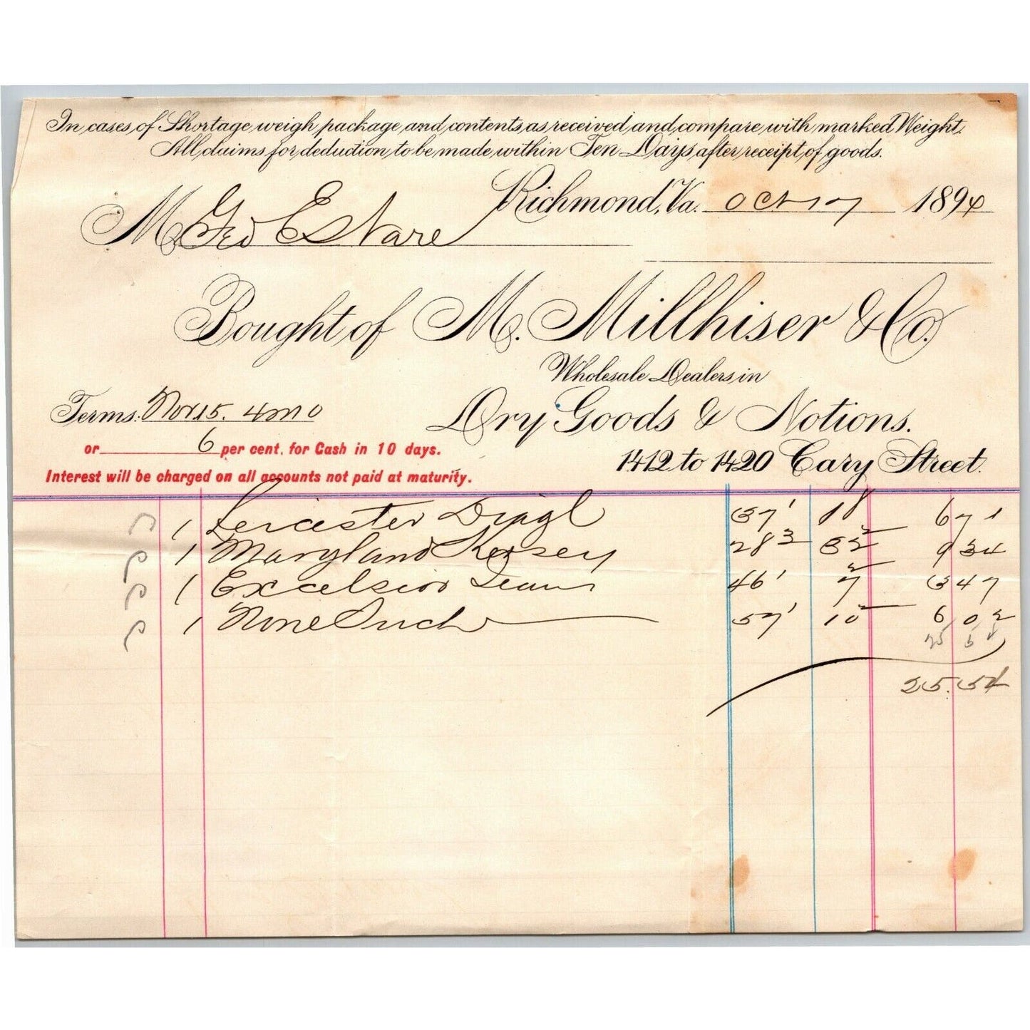 M. Millhiser & Co. Dry Goods Notions Richmond VA Letterhead to Geo. E. Wear 1894