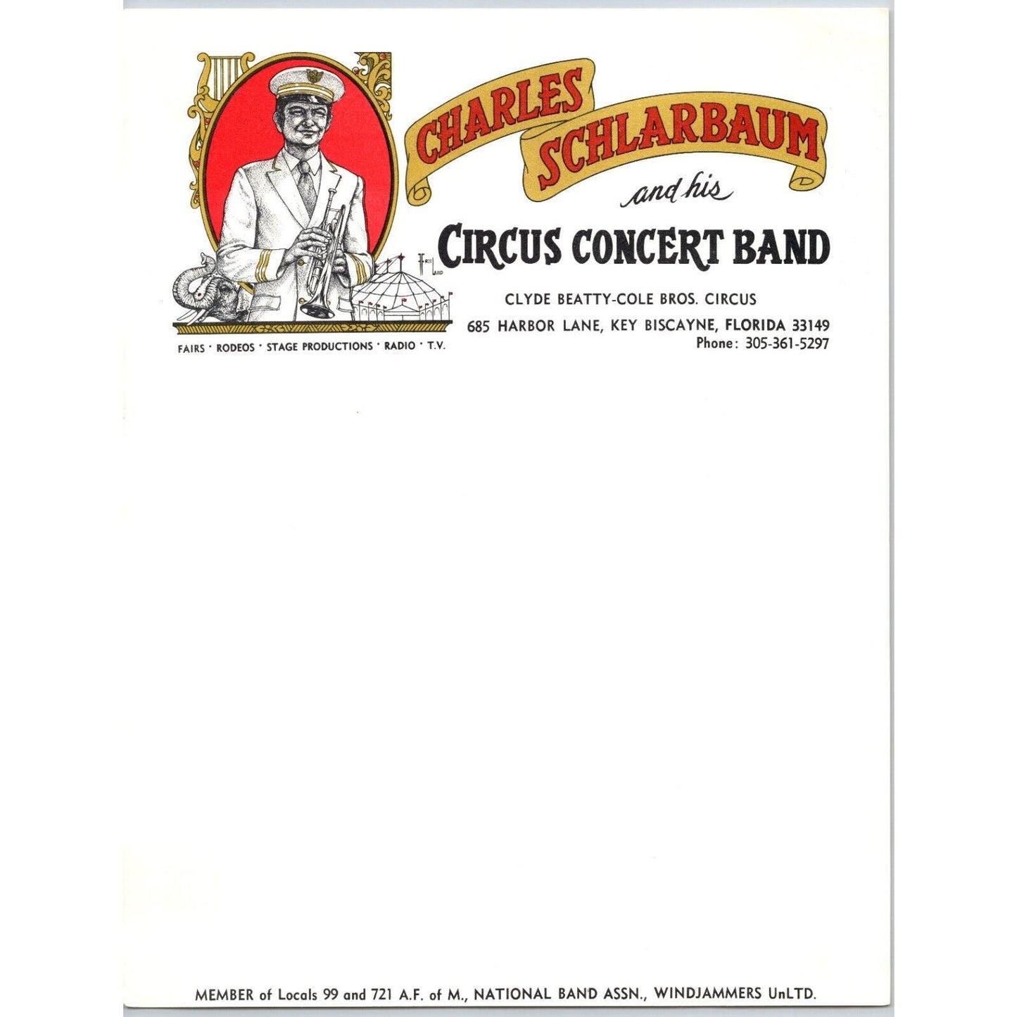 Charles Schlarbaum Bandmaster Clyde Beatty Circus Letterhead - c1965-70's