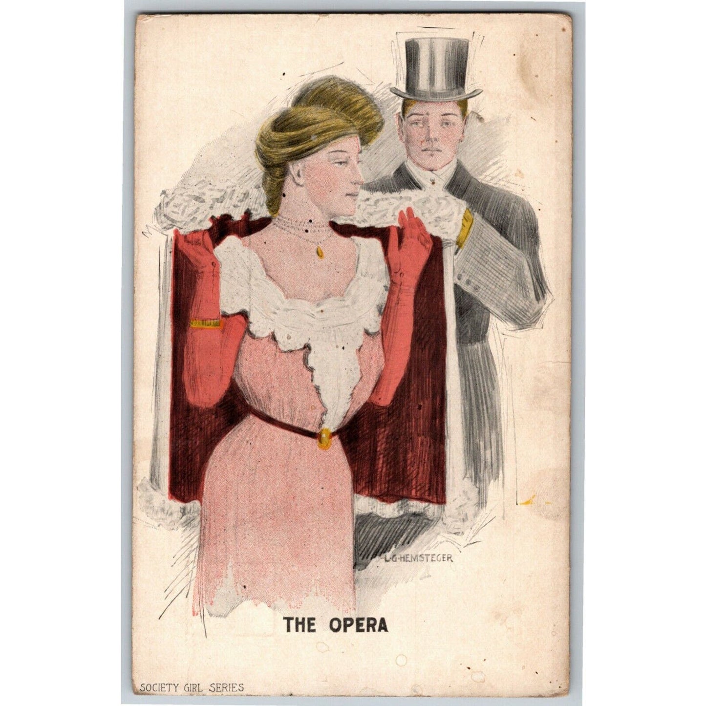 c1907 Vintage Society Girls Series "The Opera" Signed Hemsteger Postcard