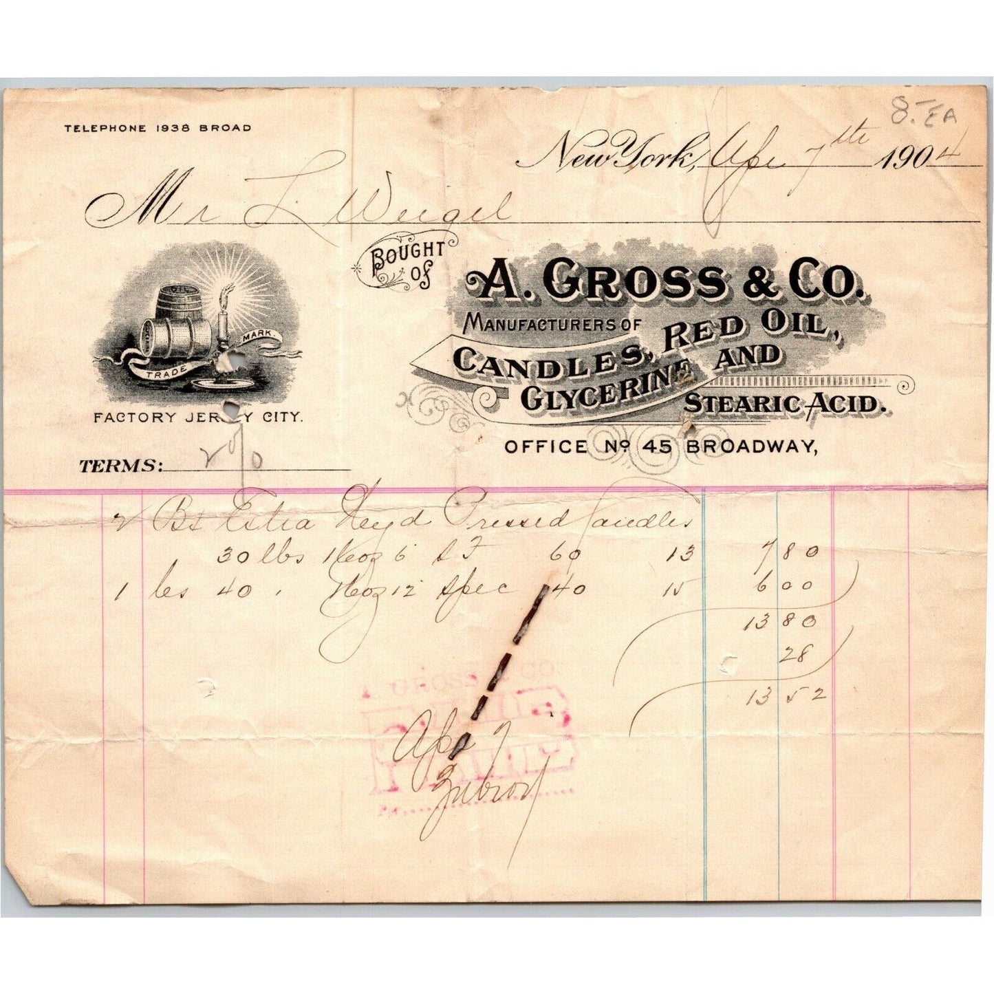 A. Gross & Co.1904 Letterhead NY, NY Candles Red Oil Glycerine Stearic Acid