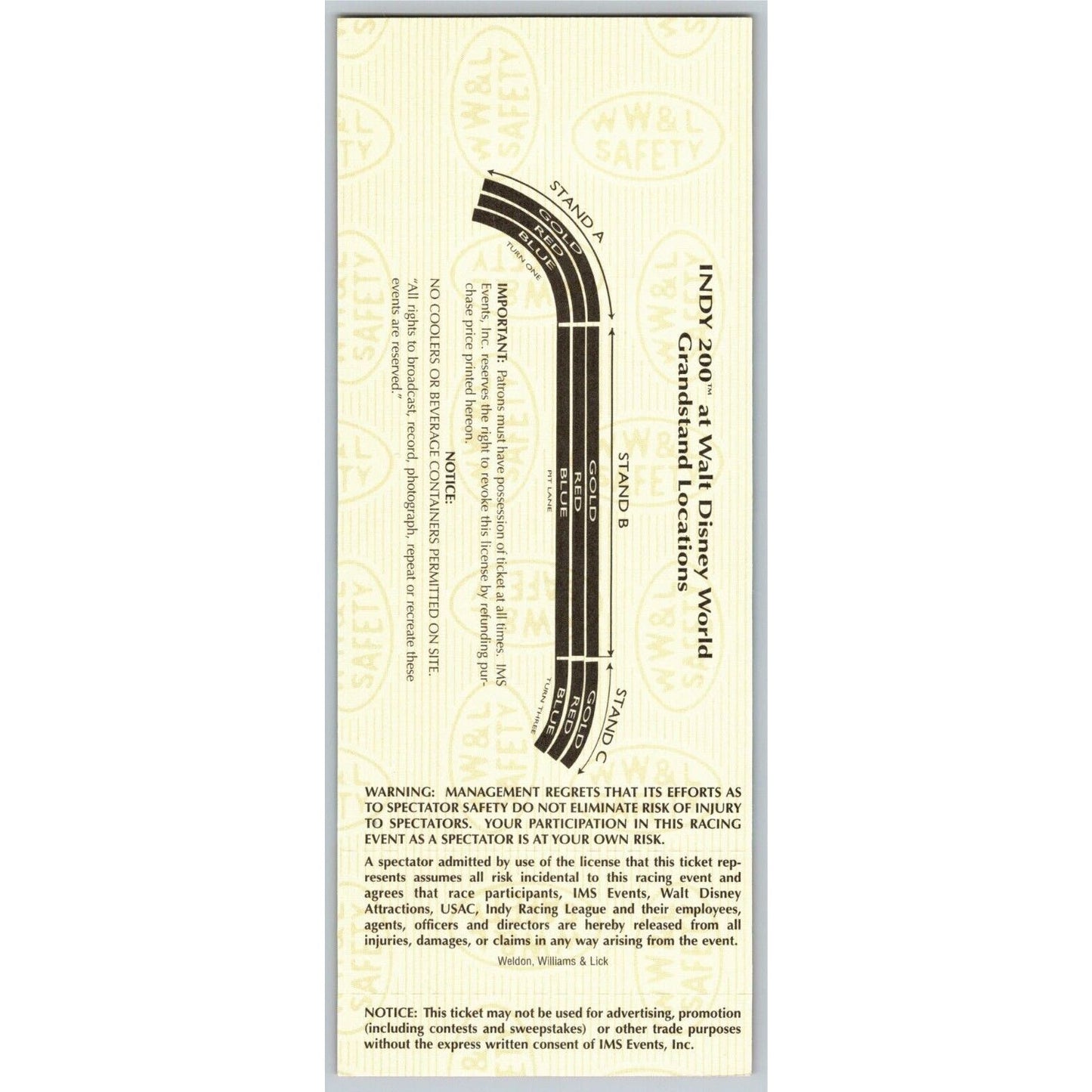 1997 Indy 200 Walt Disney World Thursday 1/23 Practice Unused Ticket - Seat 17