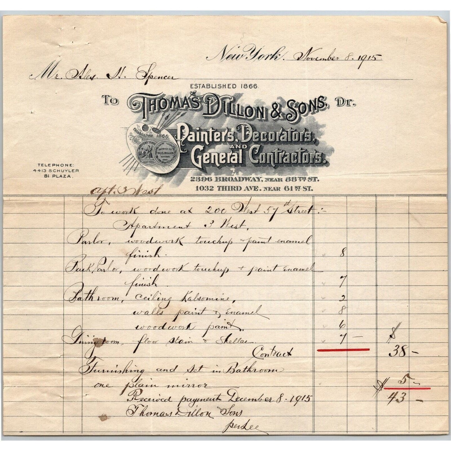 1915 Thomas Dillon & Son Painters Decorators Billhead Letterhead Broadway NYC