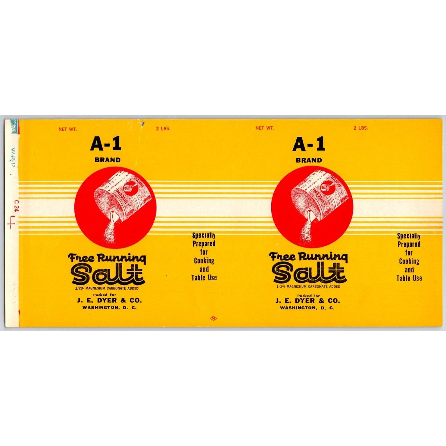A-1 Free Running Salt Paper Label 1948 J. E. Dyer Co. Washington, DC Scarce