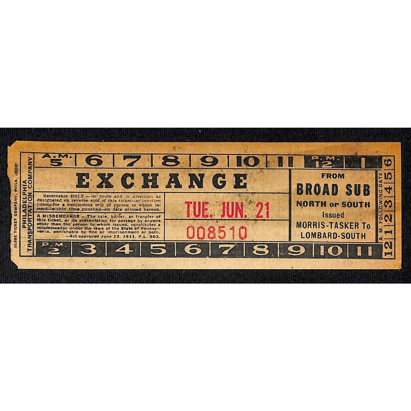 Vintage c1940's-50's Ticket - Philadelphia Transit Co. Morris-Tasker #8510